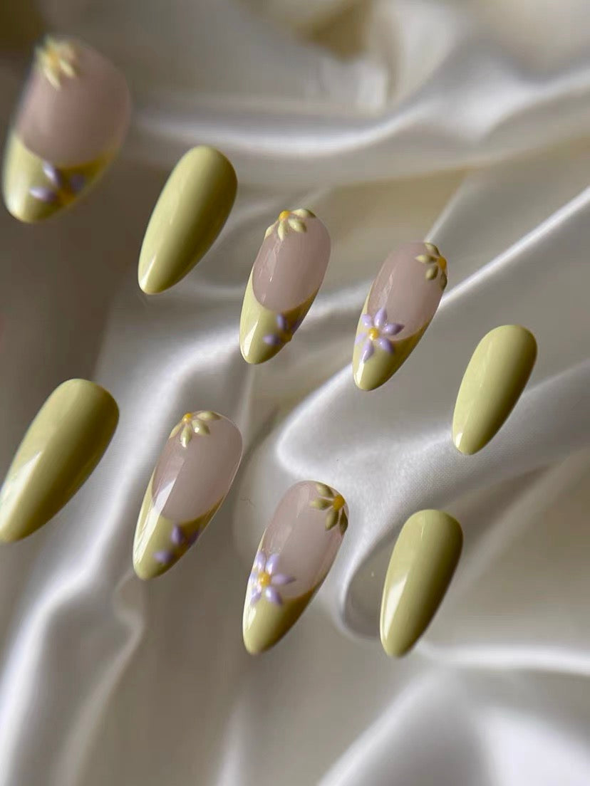 Enchanting Paris Collection, Hand-Painted Yellow Floral Design, Spring Almond French Manicure