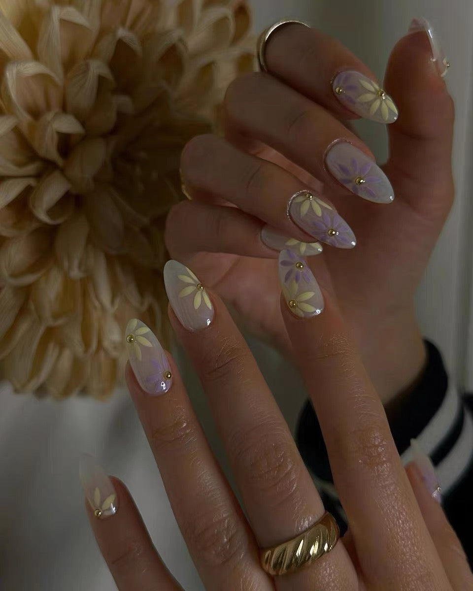 Enchanting Paris Collection, Hand-Painted Yellow Floral Design, Spring Almond French Manicure