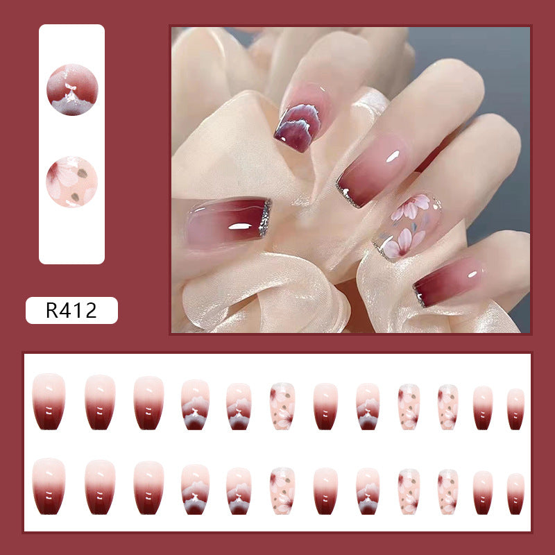 Burgundy Gradient French Flower Press On Nails - Glossy Full Cover Acrylic Nails for Women
