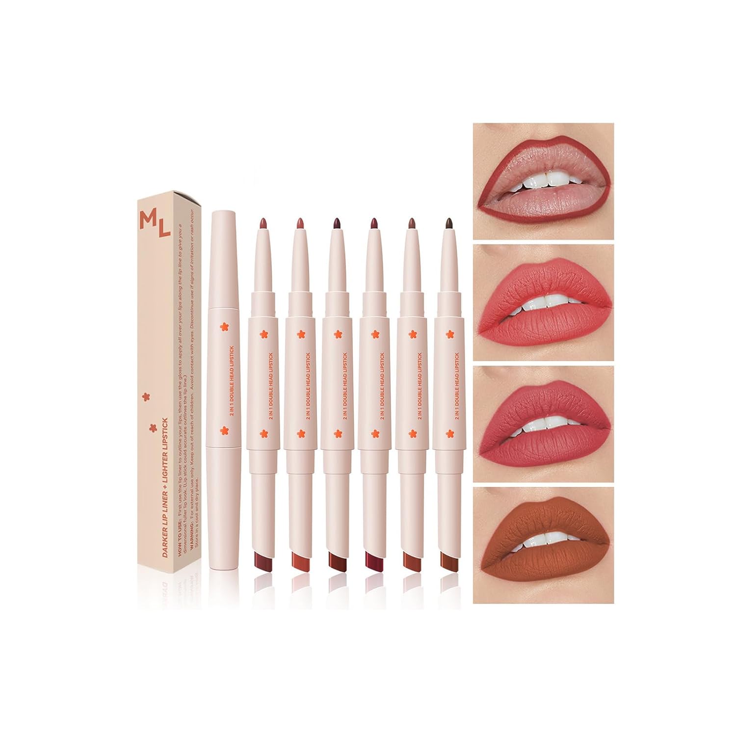 Double Head Lipstick & Lip Liner - Long-Lasting Matte Surface Waterproof, Non Fading, Non Stick Cup Lip Makeup - 2 in 1 Velvet Lipstick, Creamy Lip Pencil, Combo Lipliners Pencil Set