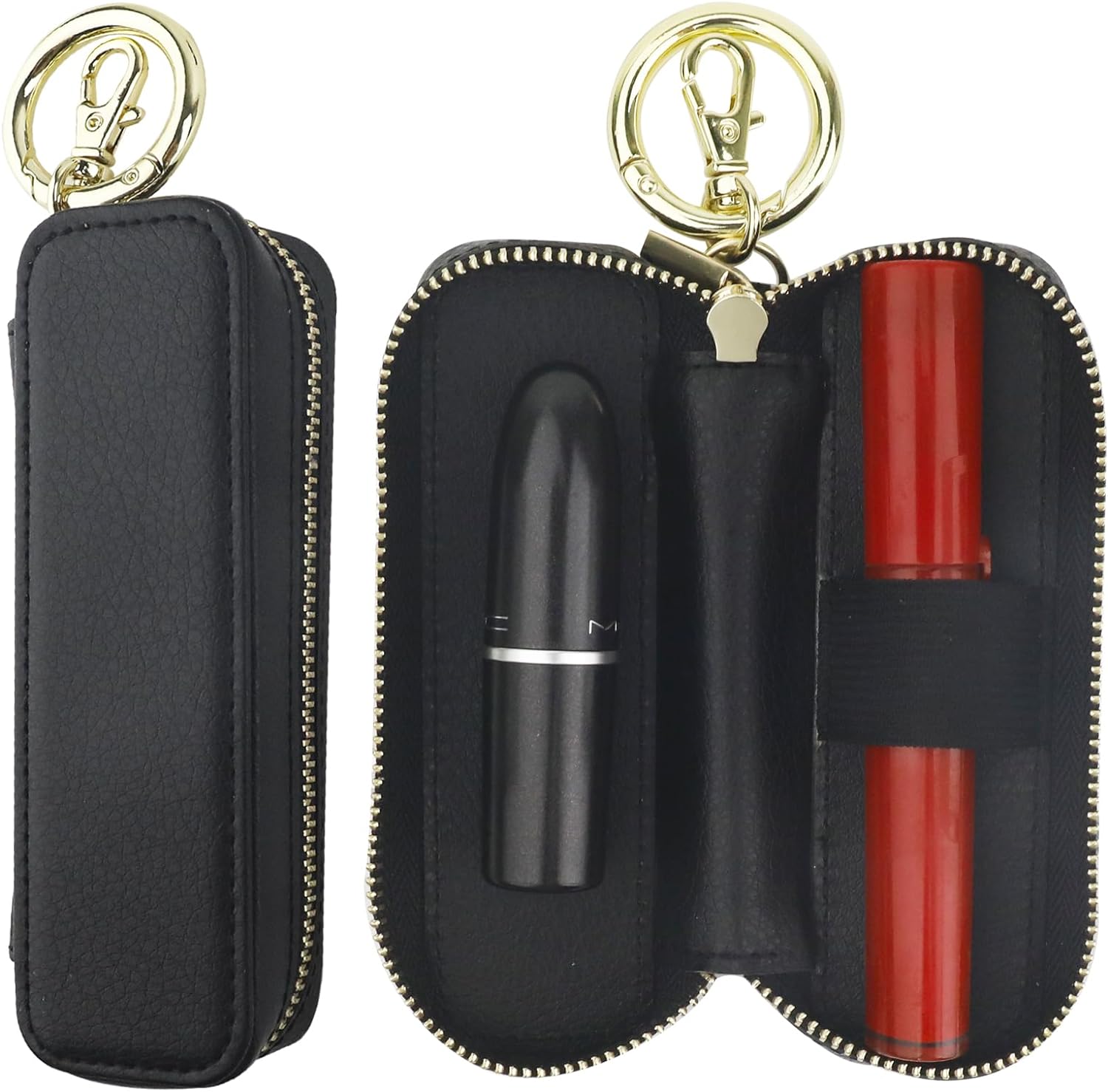 Bocasal Leather Lipstick Case Holder Chapstick Keychain Pouch, Zipper Lip Balm Lip Gloss Bag for Purse with Key Chain Elastic Band, Makeup Travel Organizer Cosmetic Storage Kit for Women Girls (Black)