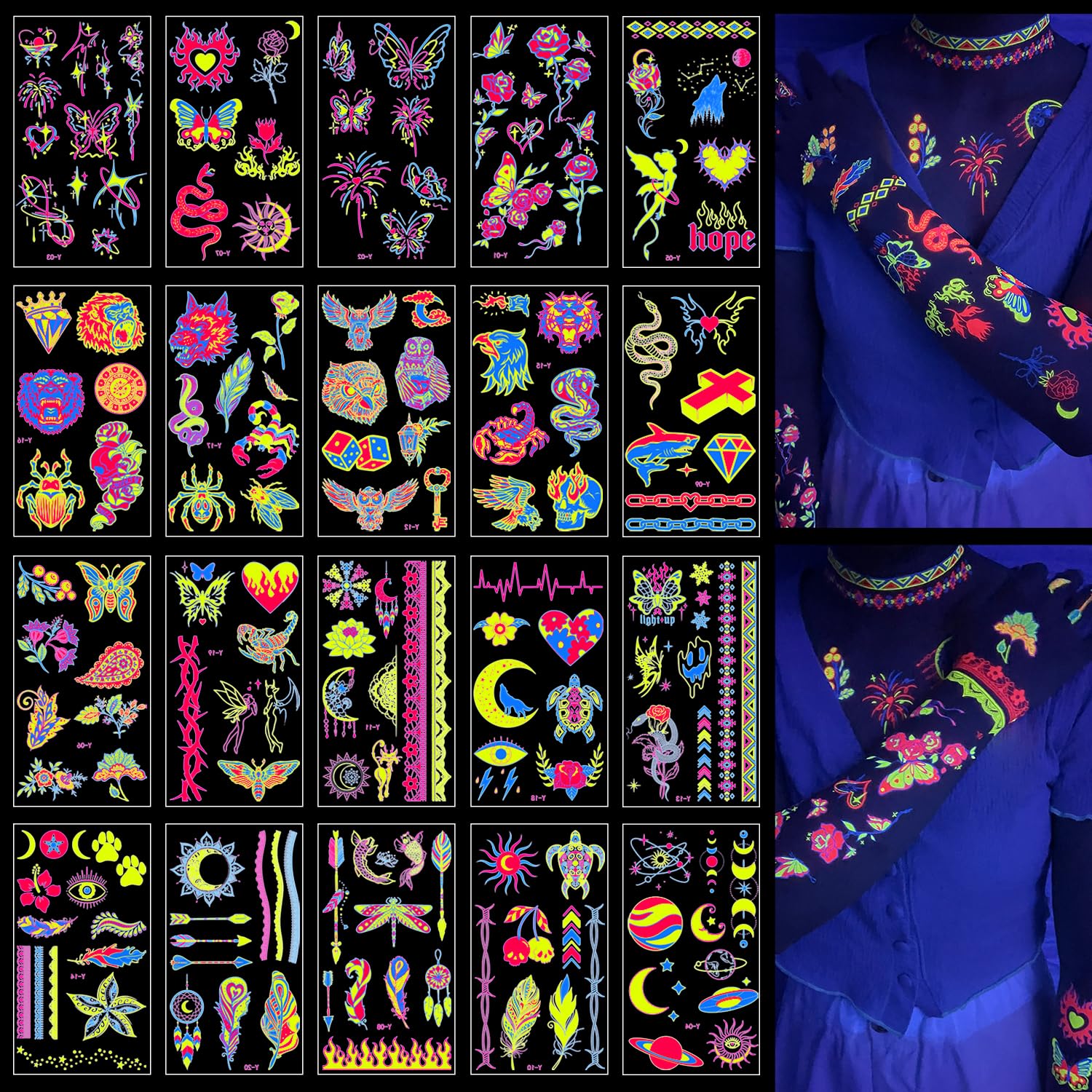 Glow In The Dark Party Supplies -182 Styles Neon Body Paint Accessories Blacklight Temporary Tattoo For Kids Fluorescent Face Fake tattoos Fiesta Rave Festival Decorations,20Sheet - TATUWST