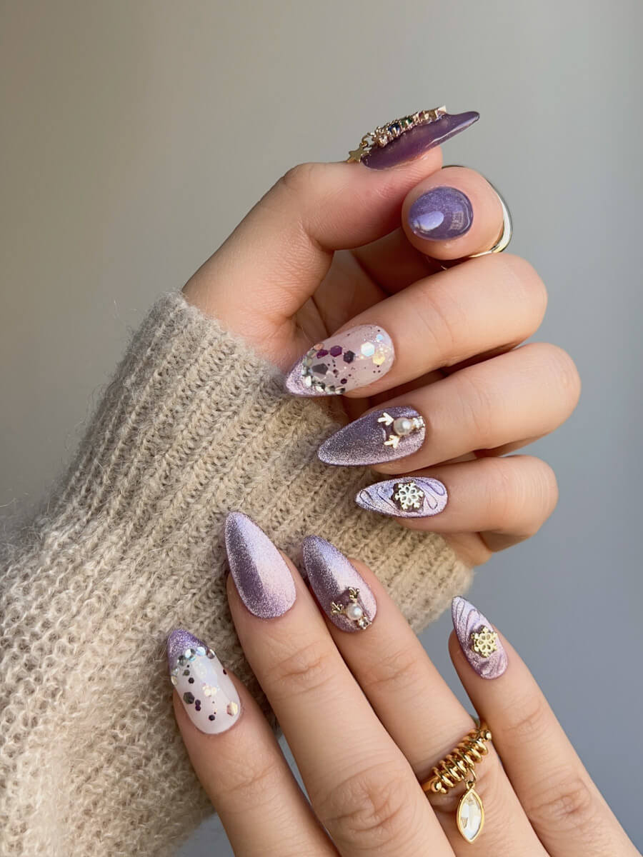 Handmade- Golden Star Light Purple Cat-eye Press On Nail Set