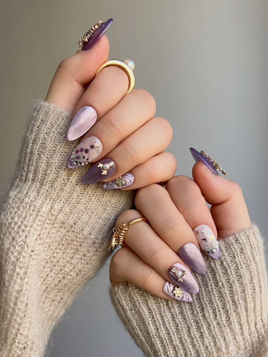 Handmade- Golden Star Light Purple Cat-eye Press On Nail Set