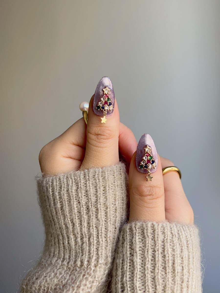 Handmade- Golden Star Light Purple Cat-eye Press On Nail Set