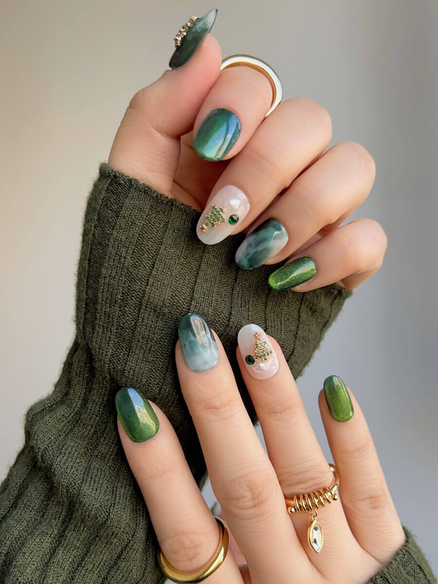 Handmade- Green Christmas Nails Mystic Fir Short Oval nails Press On Nail Set