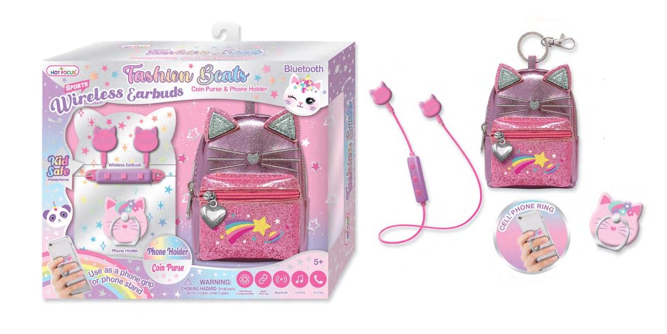 Hot Focus Fashion Beats Cat Wireless Bluetooth Earbuds, Pink Glitter Coin Purse & Phone Holder Set