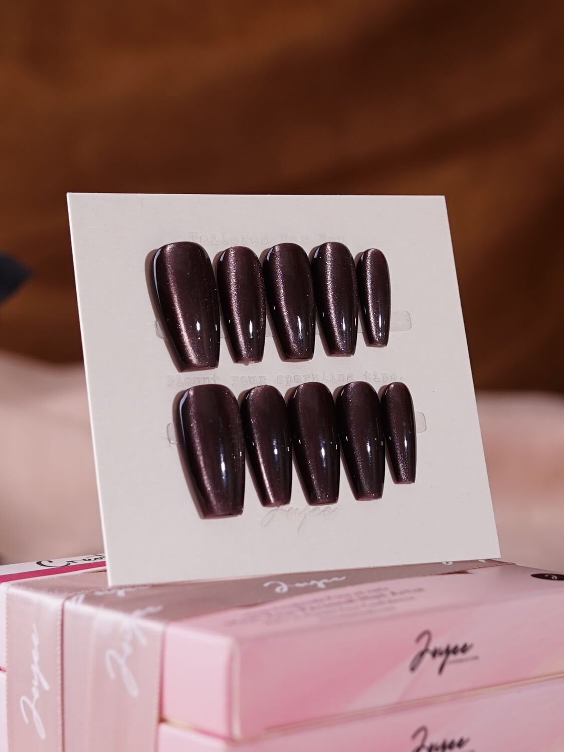 Dark-brown-Cat-eye-nails-BeanRed-medium-coffin-Nails