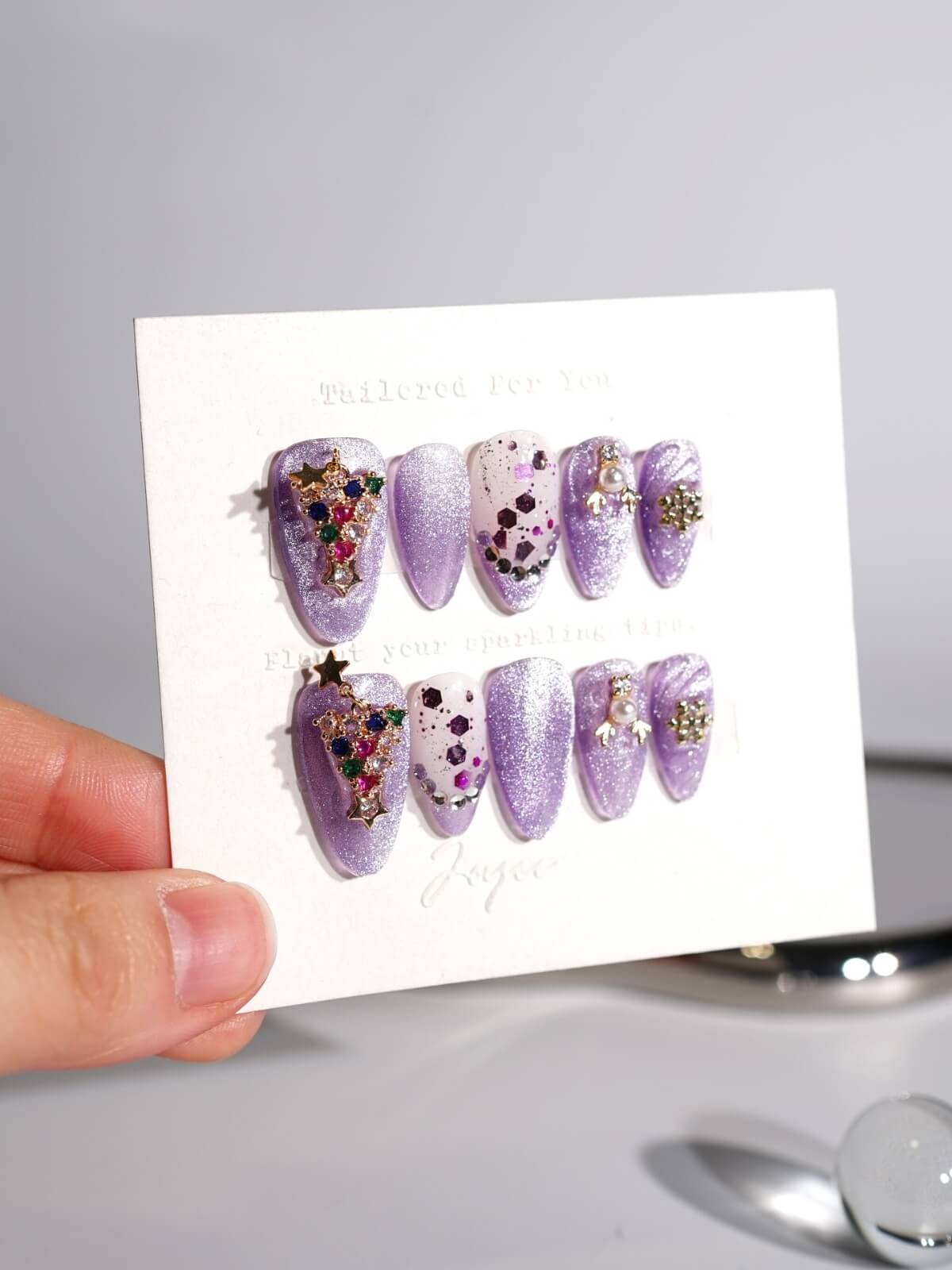Handmade- Golden Star Light Purple Cat-eye Press On Nail Set