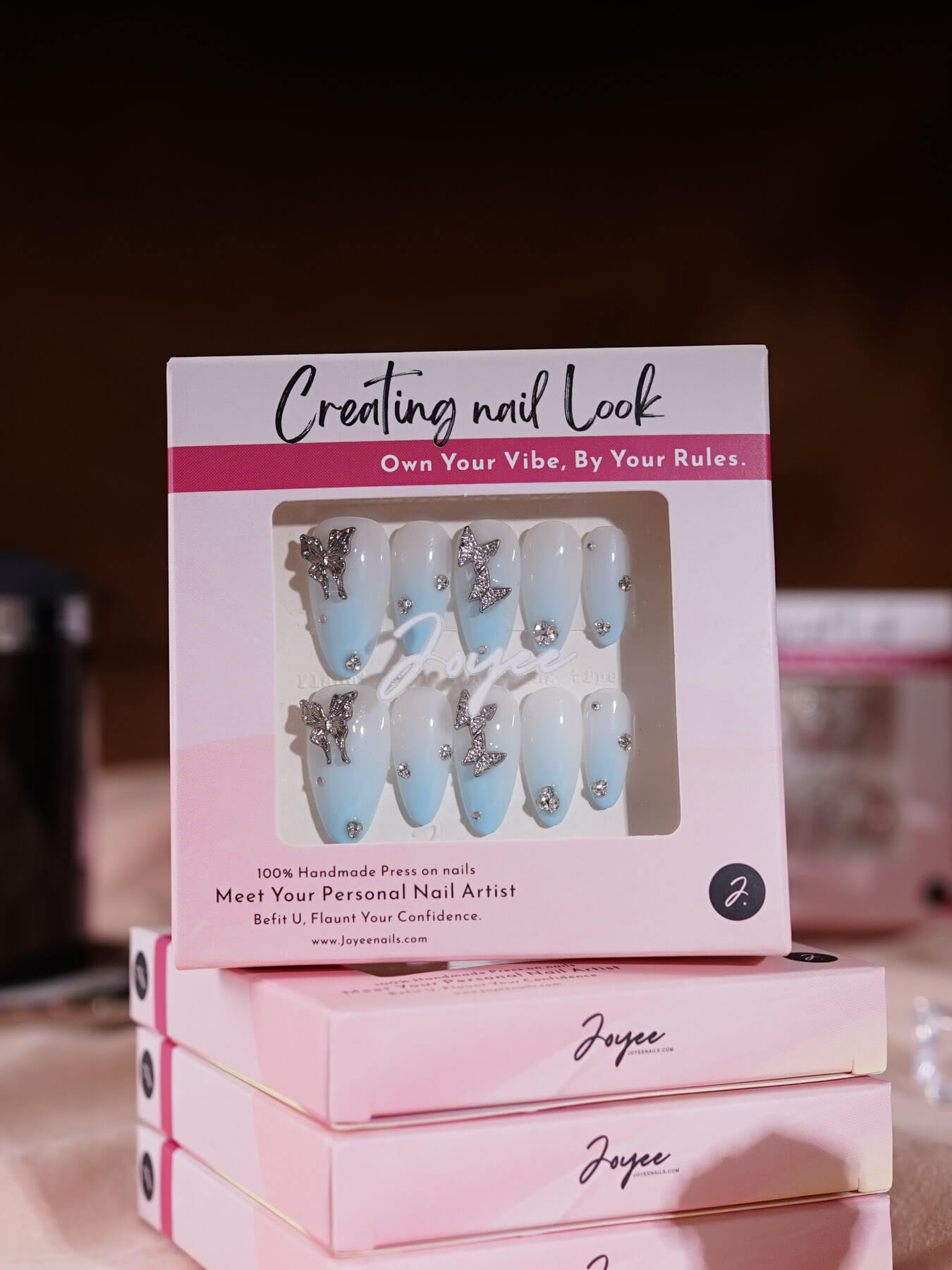 Handmade- light blue gradient metallic butterfly press on nails