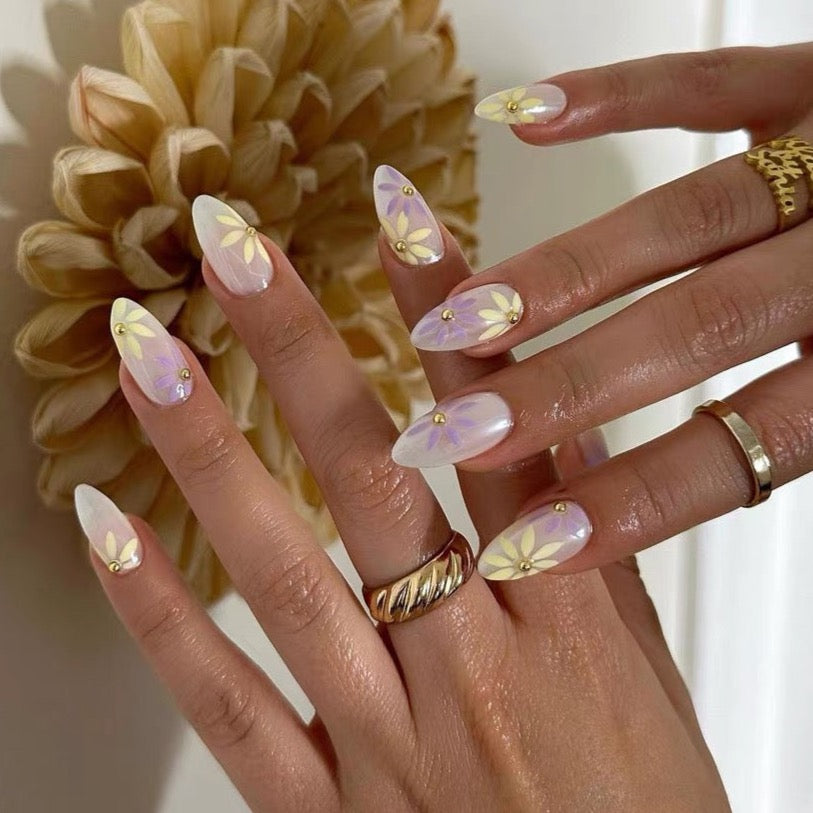 Enchanting Paris Collection, Hand-Painted Yellow Floral Design, Spring Almond French Manicure