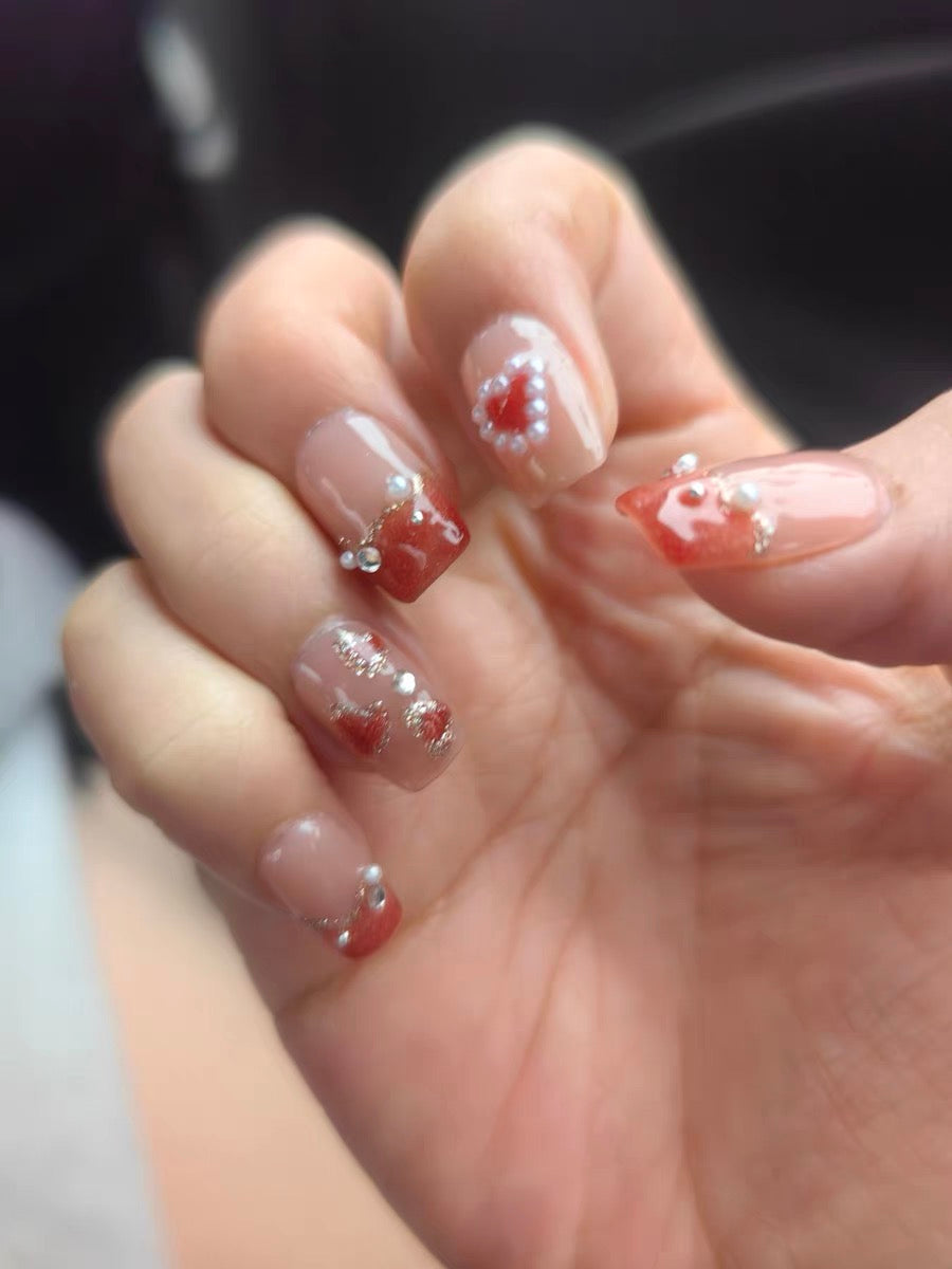 Burgundy Sweetheart Pearl French Manicure with Cat Eye Finish