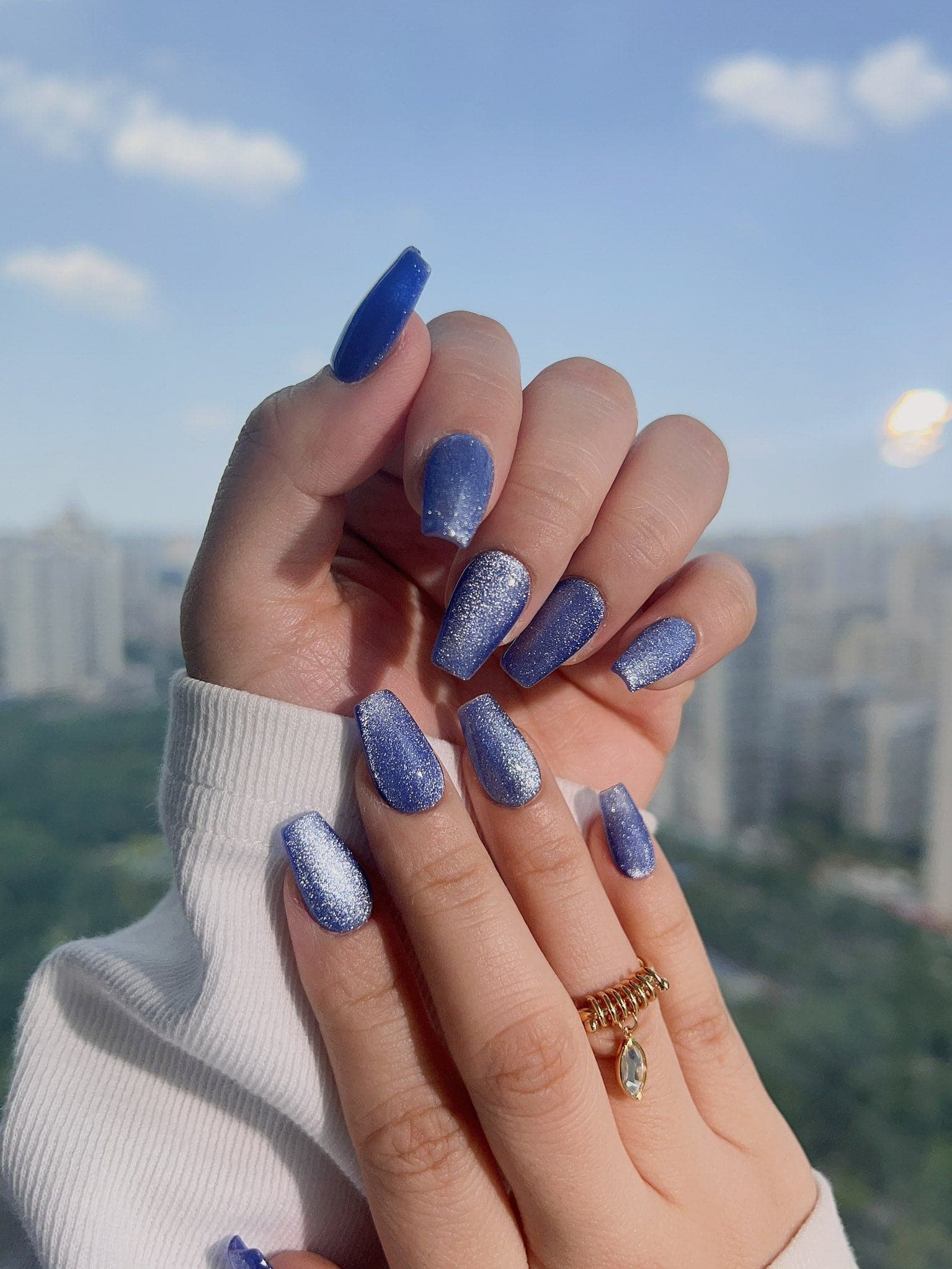 Handmade- Blue Cat-eye Press On Nail Set