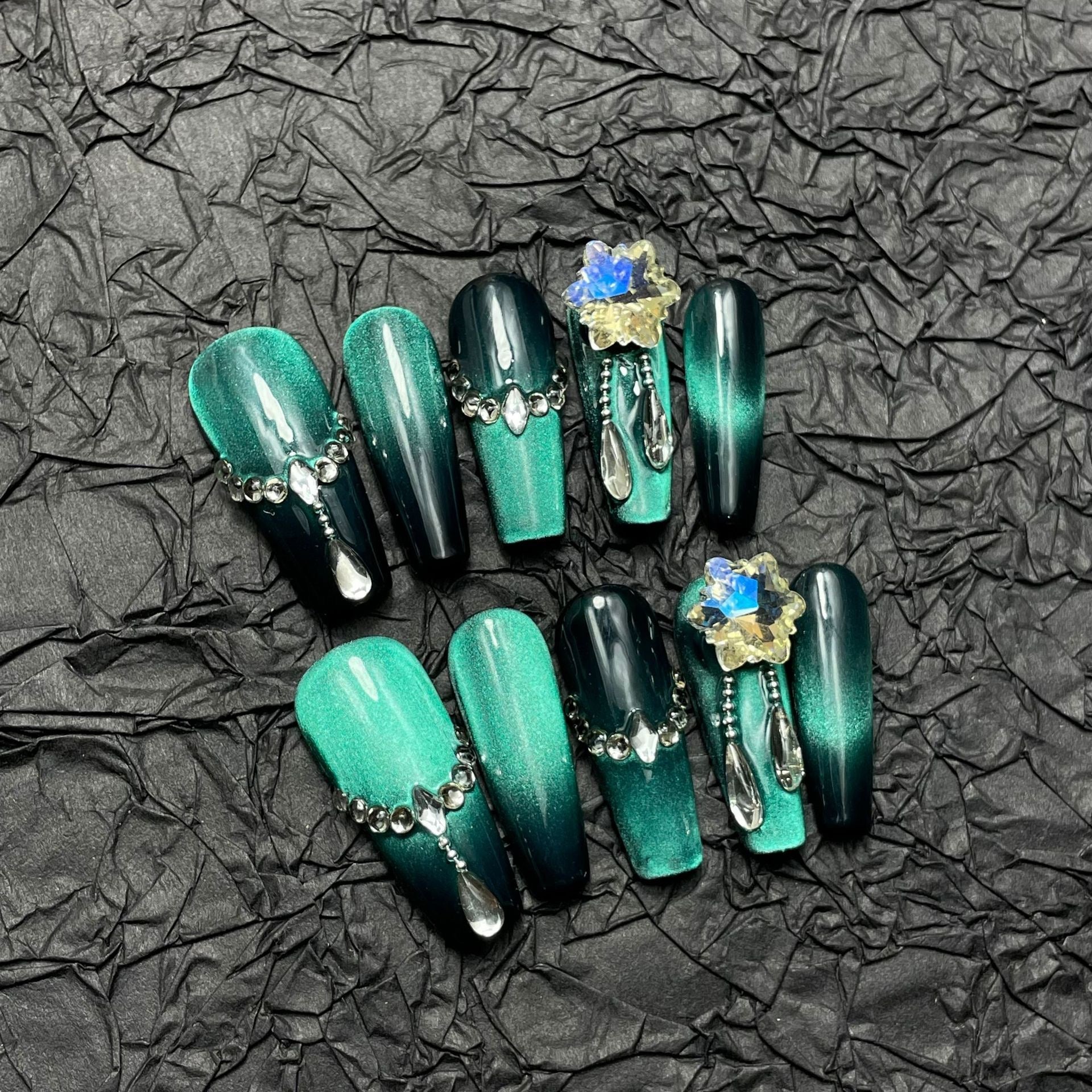 Gradient Green Cat Eye Wearable Nail Art with Rhinestone Accents