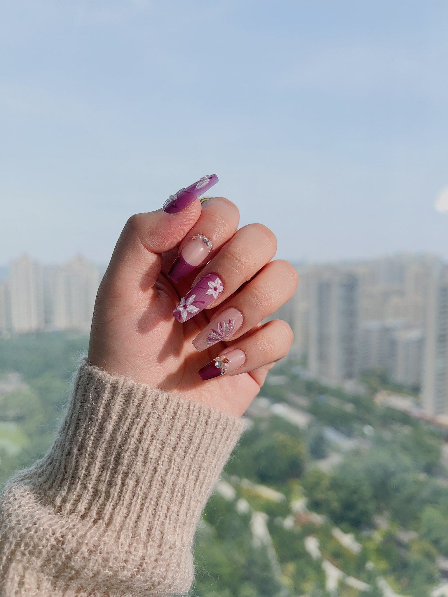 Flower Purple nails medium coffin shape