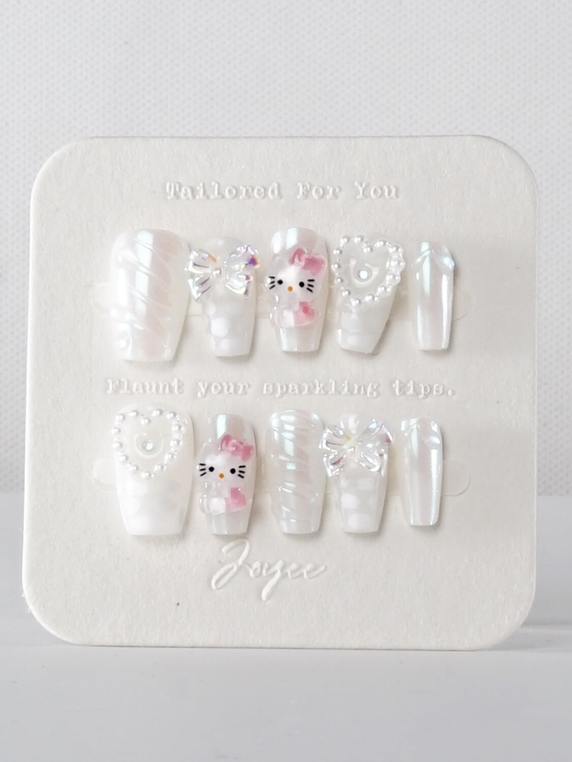 Handmade- Bubbly White Kitty Press On Nail Set